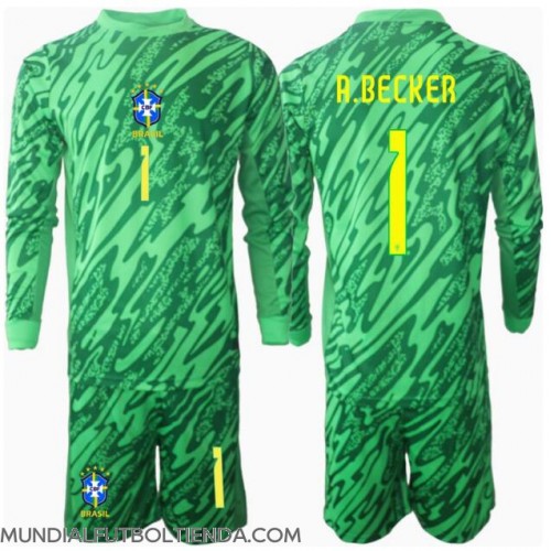 Camiseta Brasil Alisson Becker #1 Portero Primera Equipación Replica Copa America 2024 para niños mangas largas (+ Pantalones cortos)